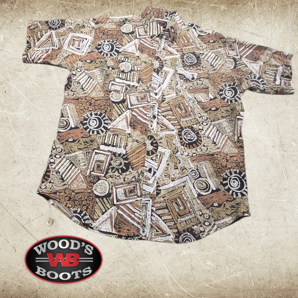VTG Woods Boots Western Shirt Mens Geometric Abstract Print Brown Tan 17 XL